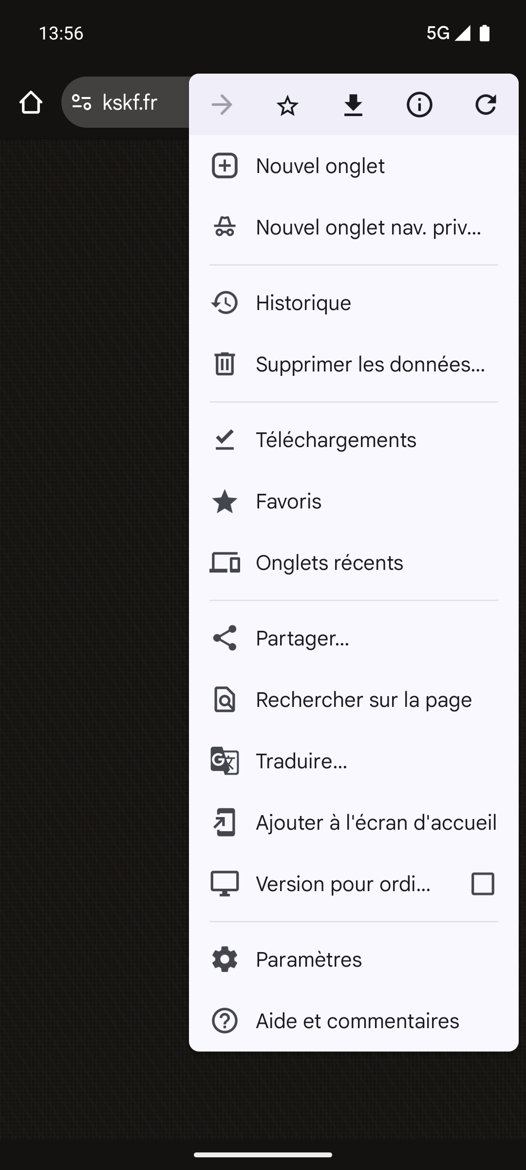 Le menu réel de Chrome sur Android affiche Ajouter à l’écran d’accueil.
