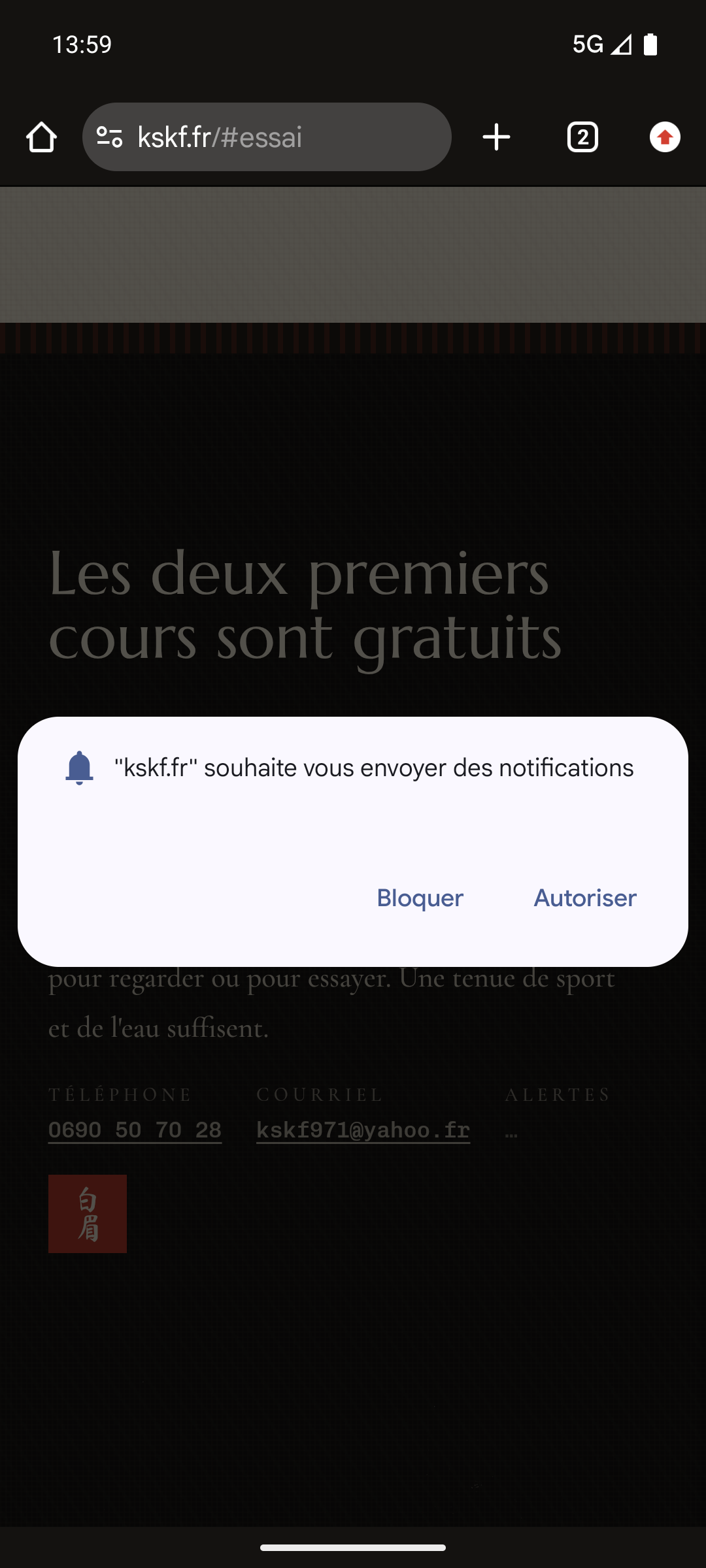 La demande réelle de Chrome propose Bloquer ou Autoriser les notifications de kskf.fr.
