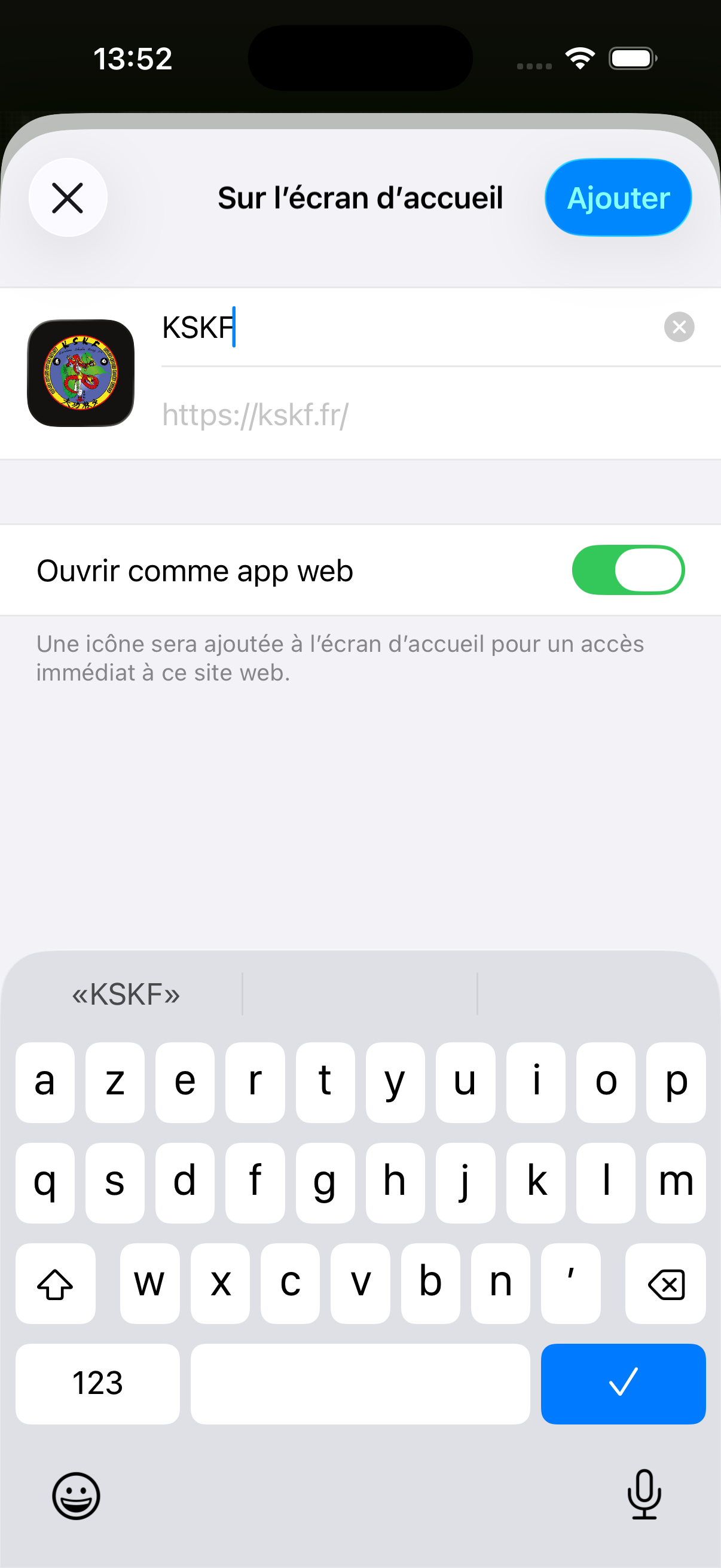 Confirmation iOS : nom KSKF, Ouvrir comme app web activé et bouton Ajouter.