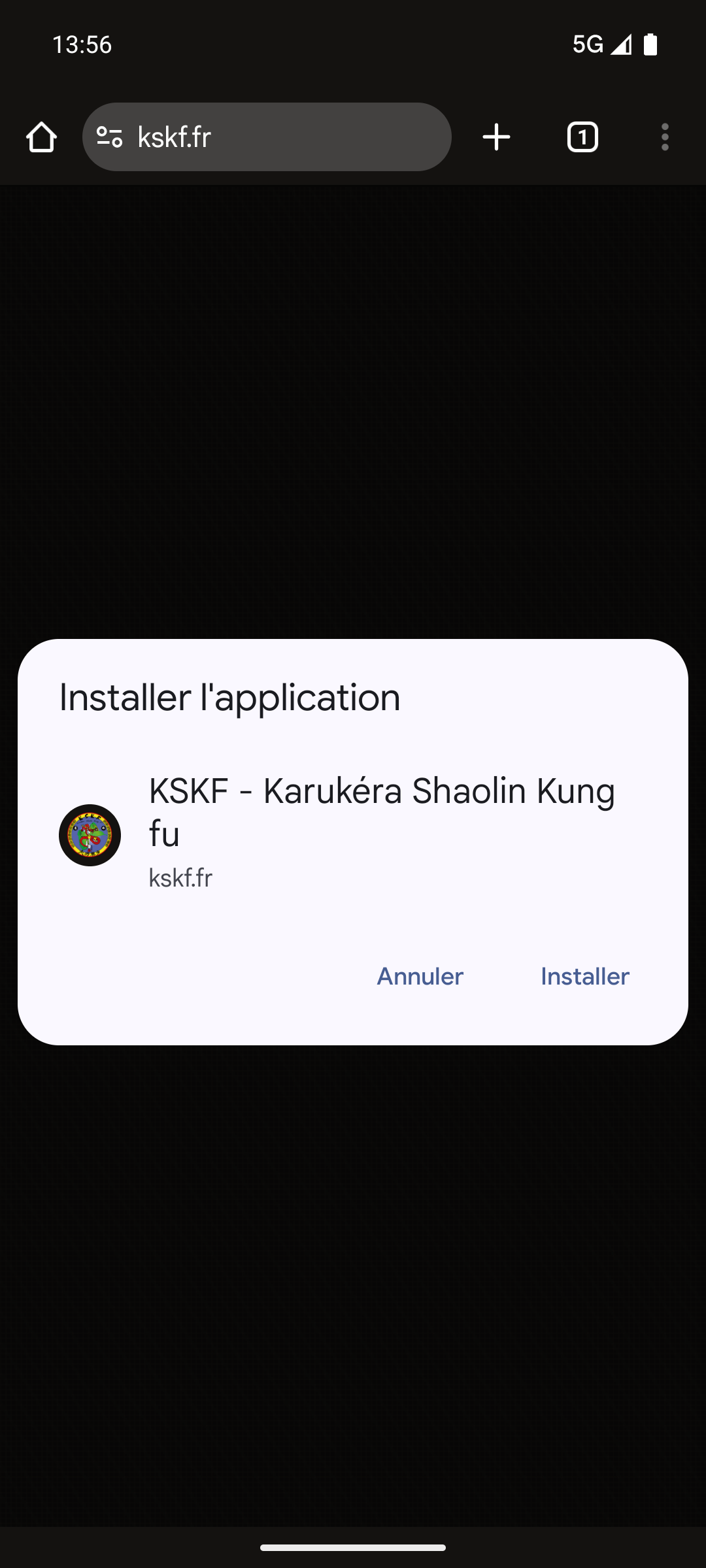 Chrome demande de confirmer Installer l’application pour KSKF, à l’adresse kskf.fr.