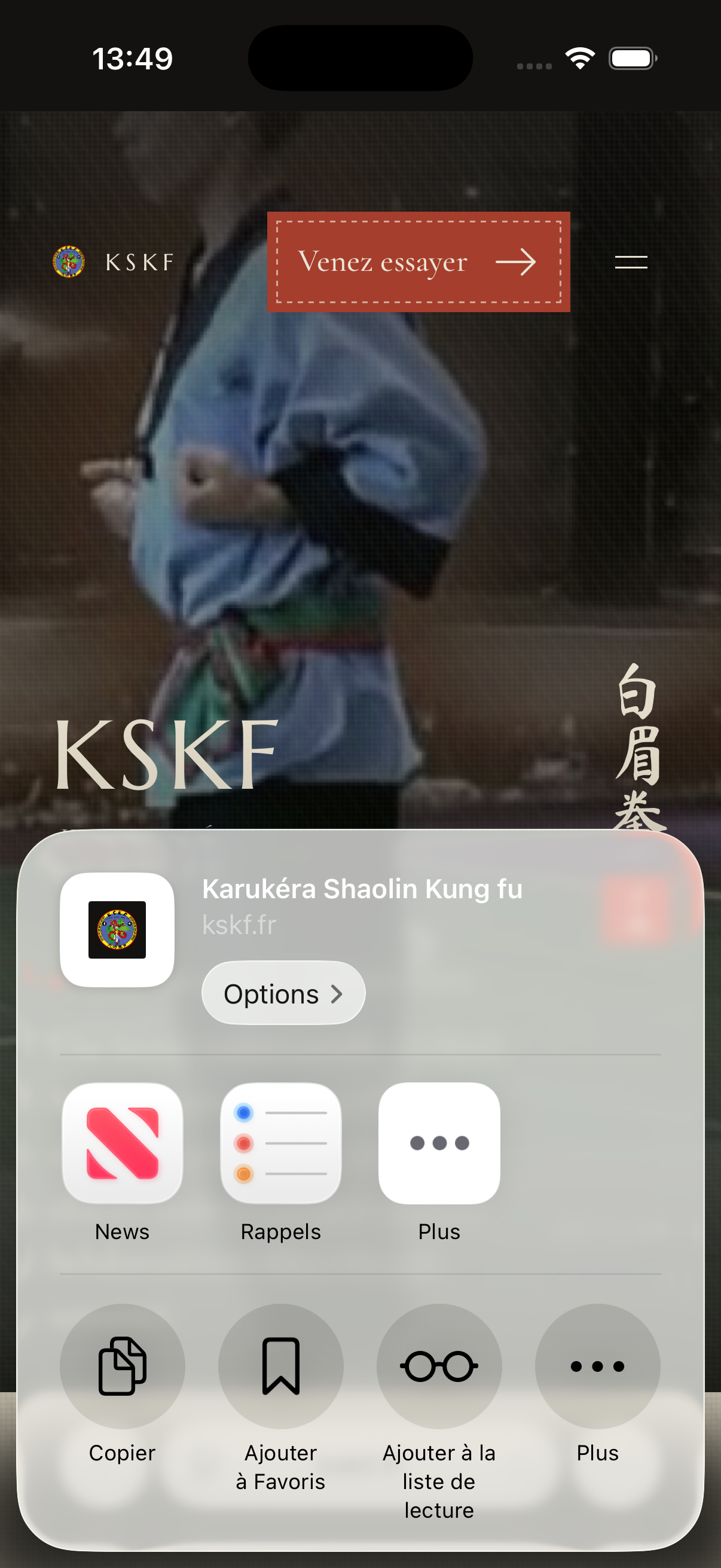 La feuille de partage iOS montre le bouton Plus sur la rangée inférieure.